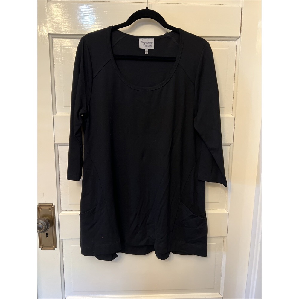 Lynn Ritchie Black Womens 3/4 Sleeve Round Tunic Top Sz L w Pockets Long